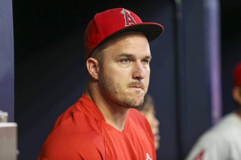 Jul 22, 2022; Atlanta, Georgia, USA; Los Angeles Angels center fielder Mike Trout (27) in the dugout against the Atlanta Braves in the second inning at Truist Park. Mandatory Credit: Brett Davis-USA TODAY Sports