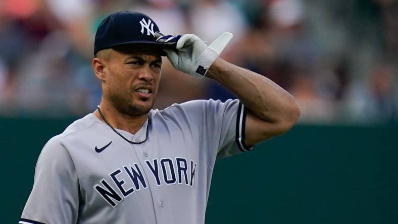 Jul 22, 2022; Baltimore, Maryland, USA;  New York Yankees designated hitter Giancarlo Stanton (27) before the game against the Baltimore Orioles at Oriole Park at Camden Yards. Mandatory Credit: Tommy Gilligan-USA TODAY Sports