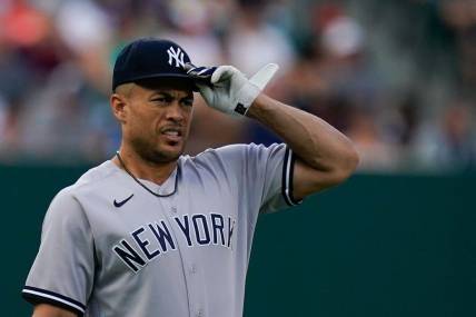 Jul 22, 2022; Baltimore, Maryland, USA;  New York Yankees designated hitter Giancarlo Stanton (27) before the game against the Baltimore Orioles at Oriole Park at Camden Yards. Mandatory Credit: Tommy Gilligan-USA TODAY Sports