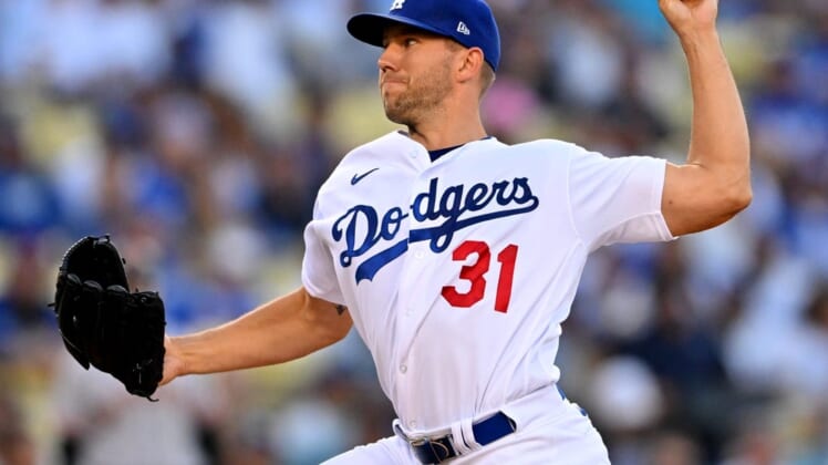 Jul 22, 2022; Los Angeles, California, USA;  Los Angeles Dodgers starting pitcher Tyler Anderson (31) throws to the plate in the first inning against the San Francisco Giants at Dodger Stadium. Mandatory Credit: Jayne Kamin-Oncea-USA TODAY Sports