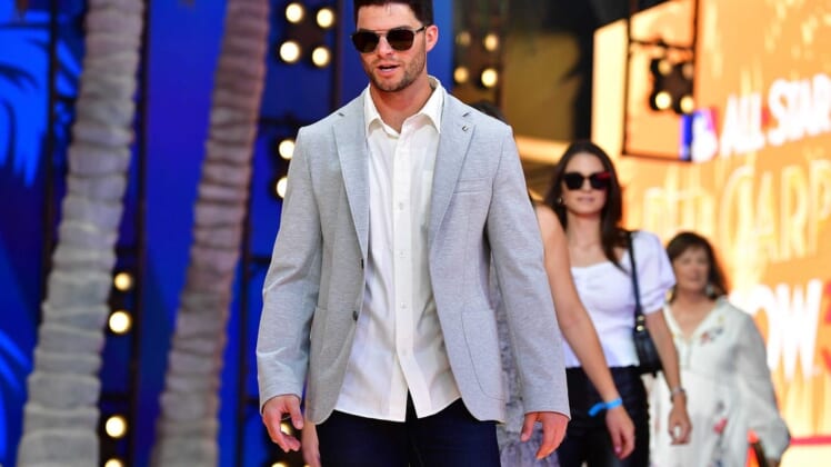 Jul 19, 2022; Los Angeles, CA, USA; American League outfielder Andrew Benintendi (16) of the Kansas City Royals during the Red Carpet Show at L.A. Live. Mandatory Credit: Gary A. Vasquez-USA TODAY Sports
