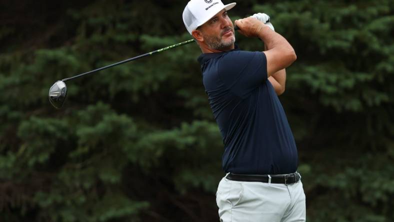 Jul 23, 2022; Blaine, Minnesota, USA; Scott Piercy drives on the 2nd hole during the third round of the 3M Open golf tournament. Mandatory Credit: Matt Krohn-USA TODAY Sports