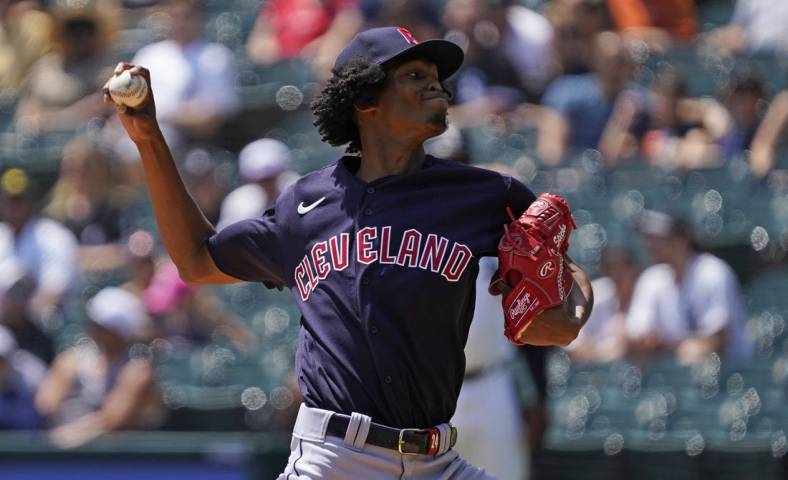 Jul 23, 2022; Chicago, Illinois, USA; Cleveland Guardians starting pitcher Triston McKenzie (24) throws against the Chicago White Sox during the first inning in game one of a doubleheader at Guaranteed Rate Field. Mandatory Credit: David Banks-USA TODAY Sports