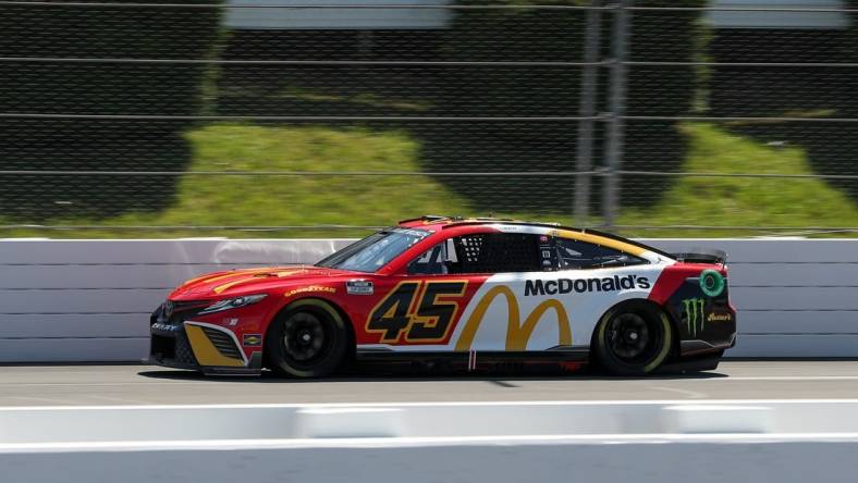 Jul 23, 2022; Long Pond, Pennsylvania, USA; NASCAR Cup Series driver Kurt Busch (45) during practice and qualifying for the M&Ms Fan Appreciation 400 at Pocono Raceway. Mandatory Credit: Matthew OHaren-USA TODAY Sports