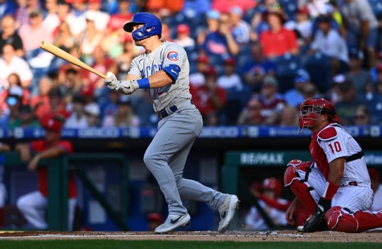 Jul 23, 2022; Philadelphia, Pennsylvania, USA; Chicago Cubs shortstop Nico Hoerner (2) hits a home run against the Philadelphia Phillies in the second inning at Citizens Bank Park. Mandatory Credit: Kyle Ross-USA TODAY Sports