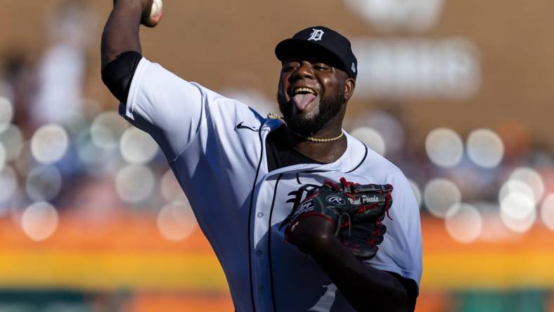 Jul 23, 2022; Detroit, Michigan, USA; Detroit Tigers starting pitcher Michael Pineda (38) pitches during the second inning against the Minnesota Twins at Comerica Park. Mandatory Credit: Raj Mehta-USA TODAY Sports