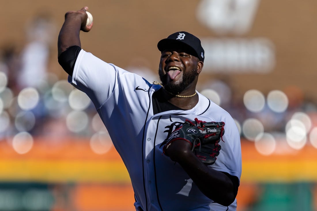 Jul 23, 2022; Detroit, Michigan, USA; Detroit Tigers starting pitcher Michael Pineda (38) pitches during the second inning against the Minnesota Twins at Comerica Park. Mandatory Credit: Raj Mehta-USA TODAY Sports