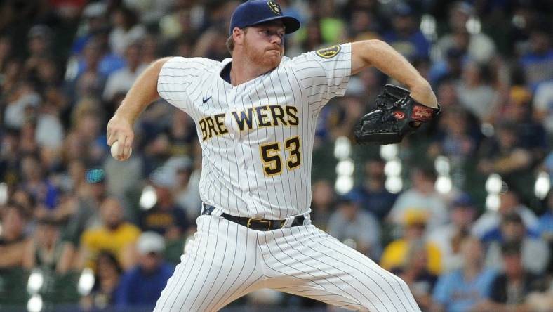 Jul 23, 2022; Milwaukee, Wisconsin, USA;  Milwaukee Brewers starting pitcher Brandon Woodruff (53) delivers against the Colorado Rockies in the first inning at American Family Field. Mandatory Credit: Michael McLoone-USA TODAY Sports