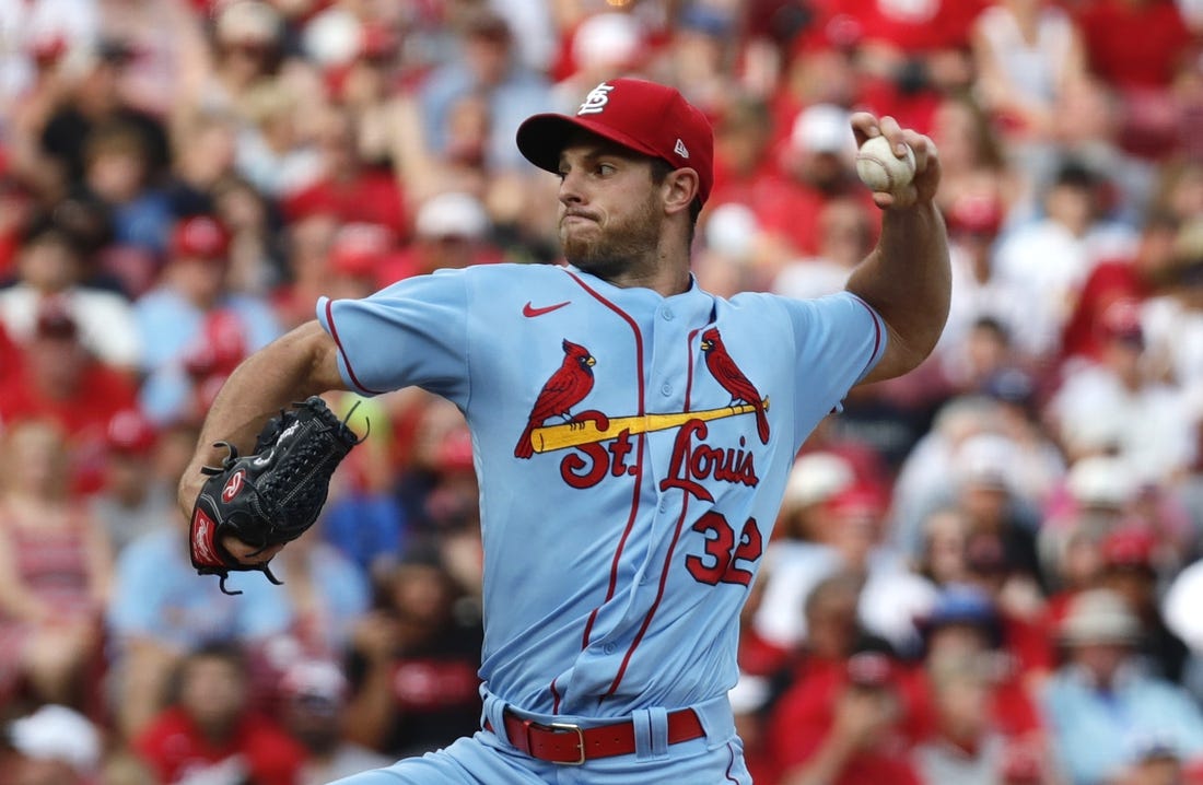 Jul 23, 2022; Cincinnati, Ohio, USA; St. Louis Cardinals starting pitcher Steven Matz (32) throws a pitch against the Cincinnati Reds during the first inning at Great American Ball Park. Mandatory Credit: David Kohl-USA TODAY Sports