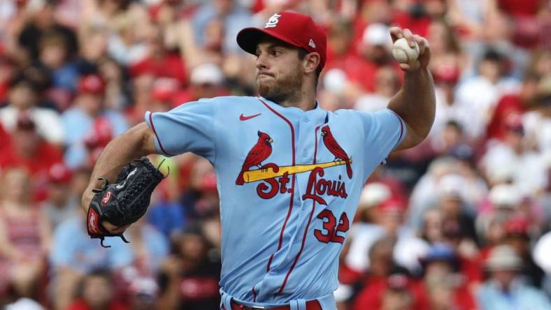 Jul 23, 2022; Cincinnati, Ohio, USA; St. Louis Cardinals starting pitcher Steven Matz (32) throws a pitch against the Cincinnati Reds during the first inning at Great American Ball Park. Mandatory Credit: David Kohl-USA TODAY Sports