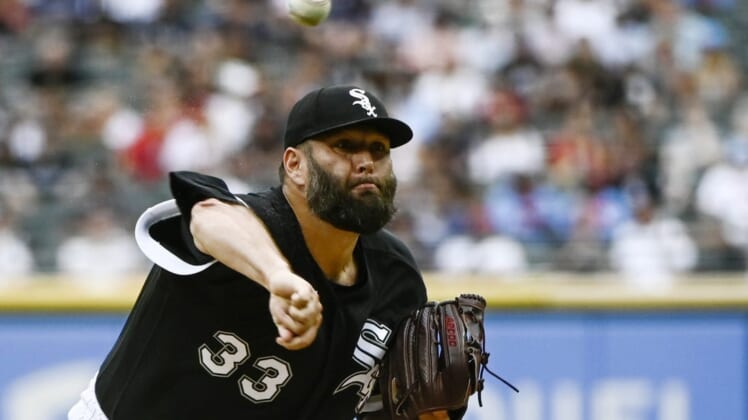 Jul 23, 2022; Chicago, Illinois, USA;  Chicago White Sox starting pitcher Lance Lynn (33) delivers against the Cleveland Guardians during the first inning at Guaranteed Rate Field. Mandatory Credit: Matt Marton-USA TODAY Sports