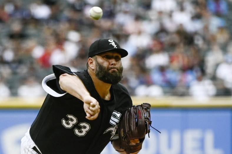 Jul 23, 2022; Chicago, Illinois, USA;  Chicago White Sox starting pitcher Lance Lynn (33) delivers against the Cleveland Guardians during the first inning at Guaranteed Rate Field. Mandatory Credit: Matt Marton-USA TODAY Sports