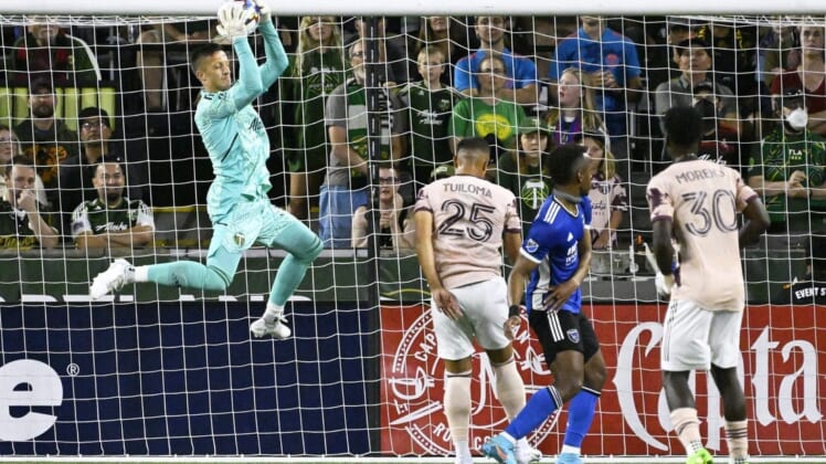 Jul 23, 2022; Portland, Oregon, USA; Portland Timbers goalkeeper Aljaz Ivacic (31) stops a shot on goal during the second half against the San Jose Earthquakes at Providence Park. The Timbers won the game 2-1. Mandatory Credit: Troy Wayrynen-USA TODAY Sports