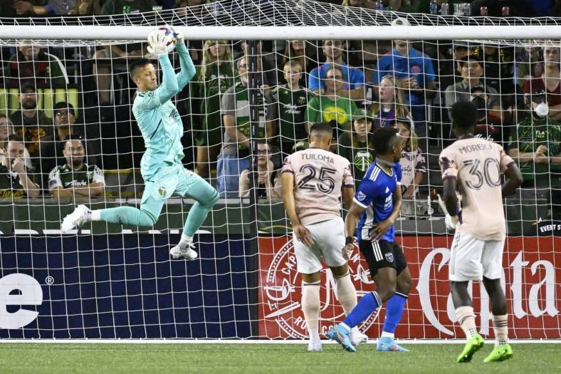 Jul 23, 2022; Portland, Oregon, USA; Portland Timbers goalkeeper Aljaz Ivacic (31) stops a shot on goal during the second half against the San Jose Earthquakes at Providence Park. The Timbers won the game 2-1. Mandatory Credit: Troy Wayrynen-USA TODAY Sports