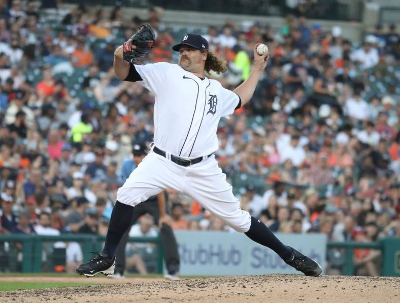 Detroit Tigers reliever Andrew Chafin pitches against the Minnesota Twins during the seventh inning at Comerica Park, Saturday, July 23, 2022.

Tigers Minn