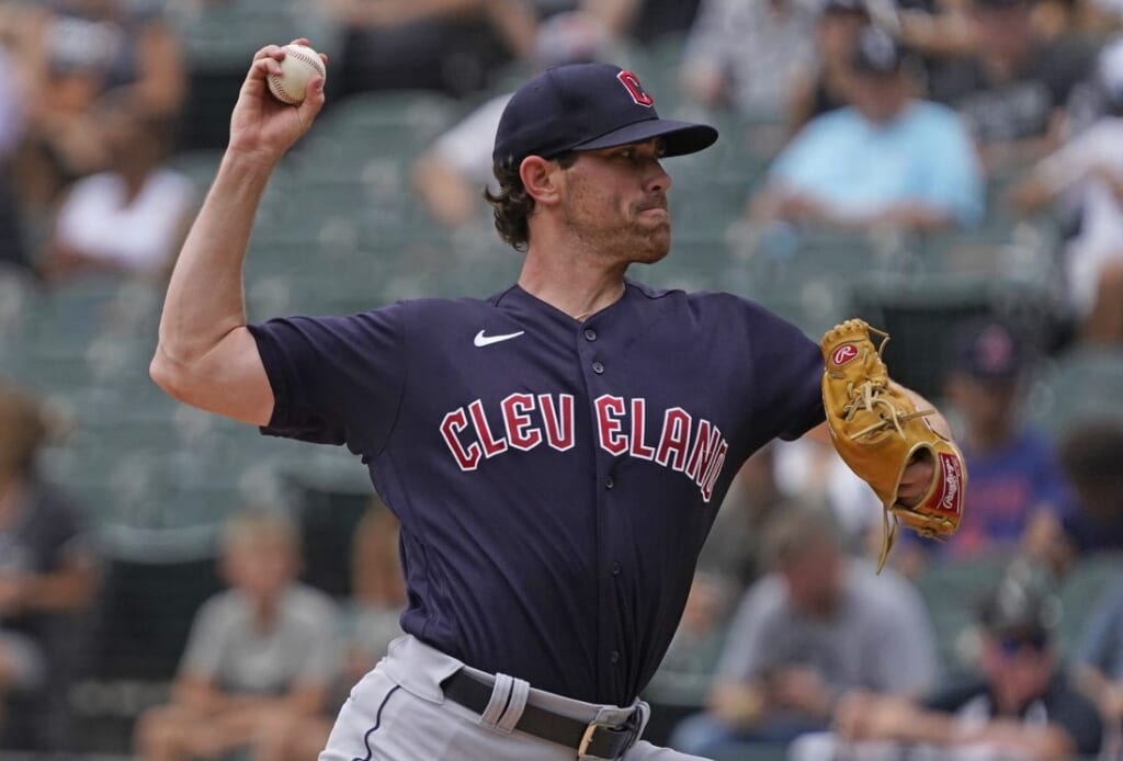 Jul 24, 2022; Chicago, Illinois, USA; Cleveland Guardians starting pitcher Shane Bieber (57) throws the ball against the Chicago White Sox during the first inning at Guaranteed Rate Field. Mandatory Credit: David Banks-USA TODAY Sports