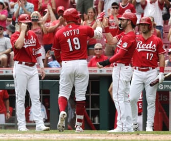 Jul 24, 2022; Cincinnati, Ohio, USA; Cincinnati Reds designated hitter Joey Votto (19) reacts at home after hitting a three-run home run against the St. Louis Cardinals during the third inning at Great American Ball Park. Mandatory Credit: David Kohl-USA TODAY Sports