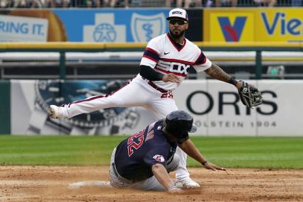 Jul 24, 2022; Chicago, Illinois, USA; Chicago White Sox second baseman Leury Garcia (28) forces out Cleveland Guardians designated hitter Josh Naylor (22) at second base then throws to first base to complete a double play during the third inning Guaranteed Rate Field. Mandatory Credit: David Banks-USA TODAY Sports