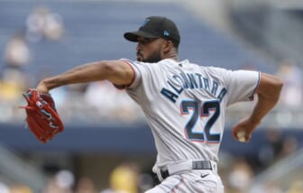 Jul 24, 2022; Pittsburgh, Pennsylvania, USA; Miami Marlins starting pitcher Sandy Alcantara (22) pitches against the Pittsburgh Pirates during the fourth inning at PNC Park. Mandatory Credit: Charles LeClaire-USA TODAY Sports