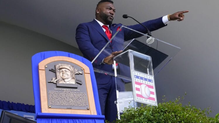 Jul 24, 2022; Cooperstown, New York, USA; Hall of Fame inductee David Ortiz gives his acceptance speech during the Baseball Hall of Fame Induction Ceremony at Clark Sports Center. Mandatory Credit: Gregory Fisher-USA TODAY Sports