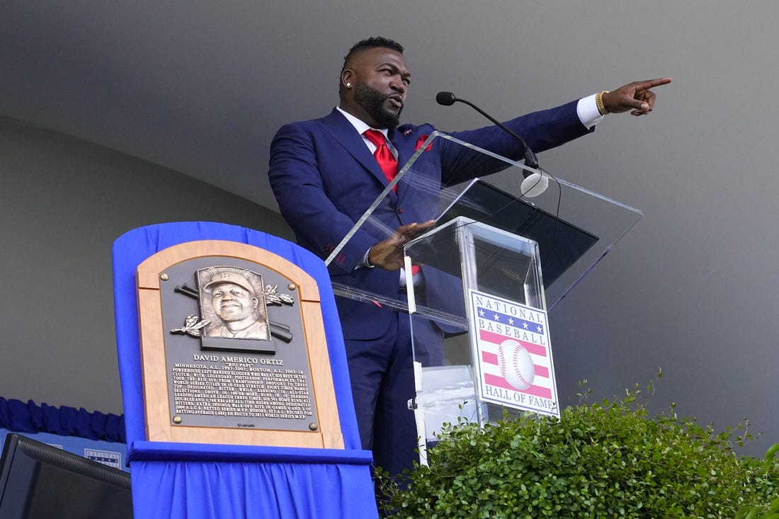 Jul 24, 2022; Cooperstown, New York, USA; Hall of Fame inductee David Ortiz gives his acceptance speech during the Baseball Hall of Fame Induction Ceremony at Clark Sports Center. Mandatory Credit: Gregory Fisher-USA TODAY Sports