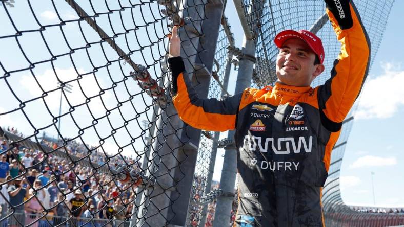 Pato O'Ward wins the IndyCar Hy-Vee Salute To Farmers 300 at the Iowa Speedway in Newton, Iowa, on July 24, 2022.