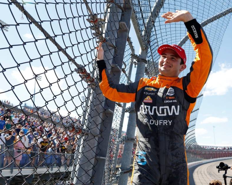 Pato O'Ward wins the IndyCar Hy-Vee Salute To Farmers 300 at the Iowa Speedway in Newton, Iowa, on July 24, 2022.