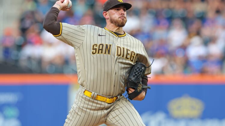 Jul 24, 2022; New York City, New York, USA; San Diego Padres starting pitcher Joe Musgrove (44) delivers a pitch during the first inning against the New York Mets at Citi Field. Mandatory Credit: Vincent Carchietta-USA TODAY Sports