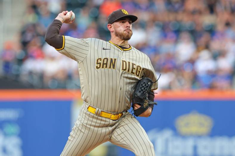 Jul 24, 2022; New York City, New York, USA; San Diego Padres starting pitcher Joe Musgrove (44) delivers a pitch during the first inning against the New York Mets at Citi Field. Mandatory Credit: Vincent Carchietta-USA TODAY Sports