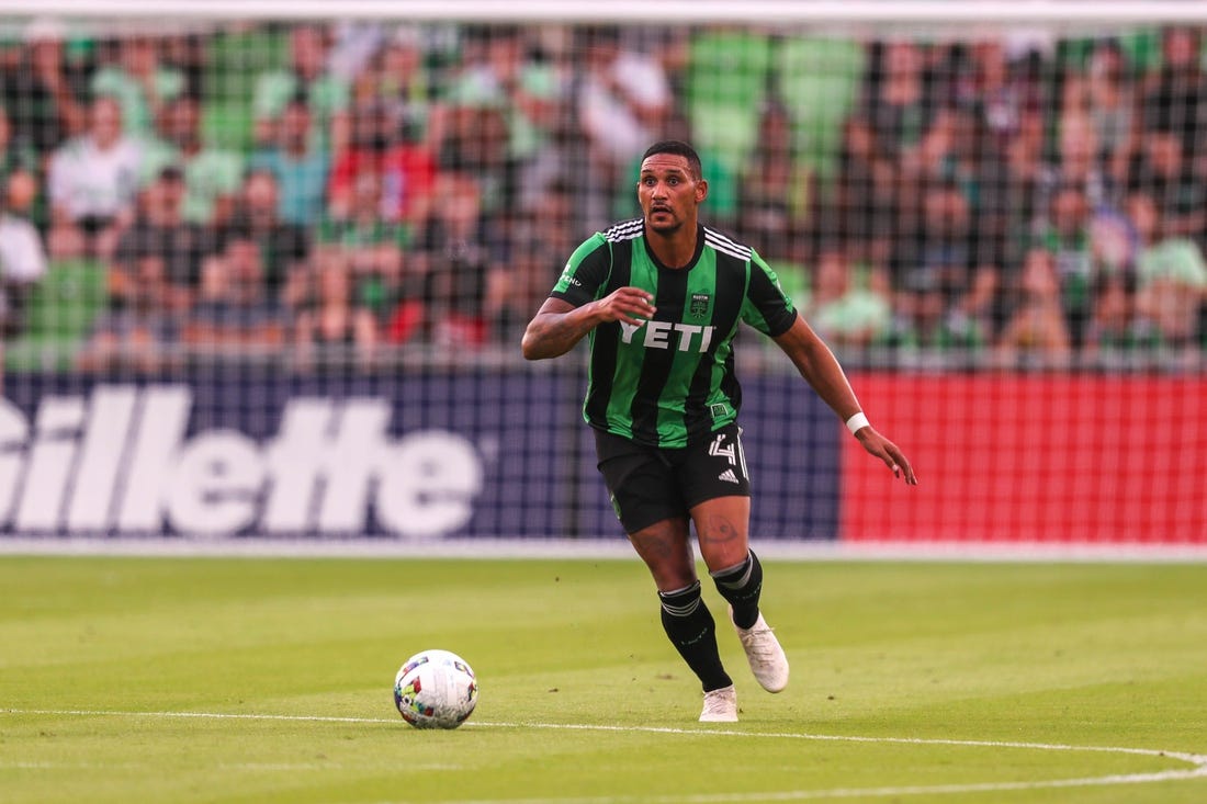 Austin FC defender Ruben Gabrielsen (4) looks for an open teammate for a pass during the match against the New York Red Bulls at Q2 Stadium in Austin, Texas on July 24, 2022.

Aem Austin Fc Vs Ny Red Bulls 21