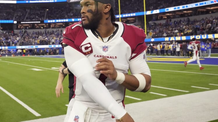 Jan 17, 2022; Los Angeles, California, USA;  Arizona Cardinals quarterback Kyler Murray (1) warms up before playing against the Los Angeles Rams in the NFC Wild Card playoff game.Nfc Wild Card Playoff Cardinals Vs Rams
