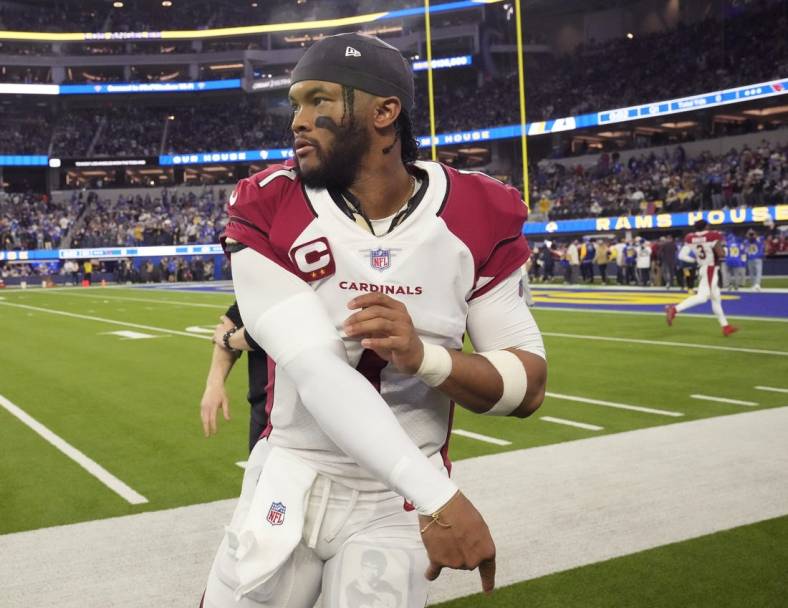 Jan 17, 2022; Los Angeles, California, USA;  Arizona Cardinals quarterback Kyler Murray (1) warms up before playing against the Los Angeles Rams in the NFC Wild Card playoff game.

Nfc Wild Card Playoff Cardinals Vs Rams