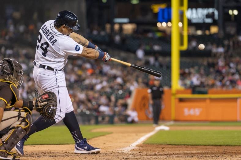 Jul 25, 2022; Detroit, Michigan, USA; Detroit Tigers designated hitter Miguel Cabrera (24) hits a solo home run during the sixth inning against the San Diego Padres at Comerica Park. Mandatory Credit: Raj Mehta-USA TODAY Sports