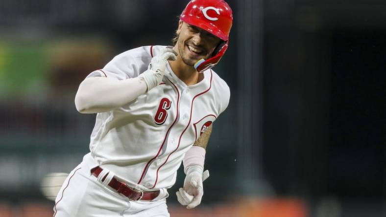 Jul 25, 2022; Cincinnati, Ohio, USA; Cincinnati Reds designated hitter Jonathan India (6) reacts after hitting a grand slam home run in the fifth inning against the Miami Marlins at Great American Ball Park. Mandatory Credit: Katie Stratman-USA TODAY Sports