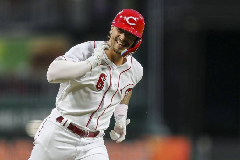 Jul 25, 2022; Cincinnati, Ohio, USA; Cincinnati Reds designated hitter Jonathan India (6) reacts after hitting a grand slam home run in the fifth inning against the Miami Marlins at Great American Ball Park. Mandatory Credit: Katie Stratman-USA TODAY Sports
