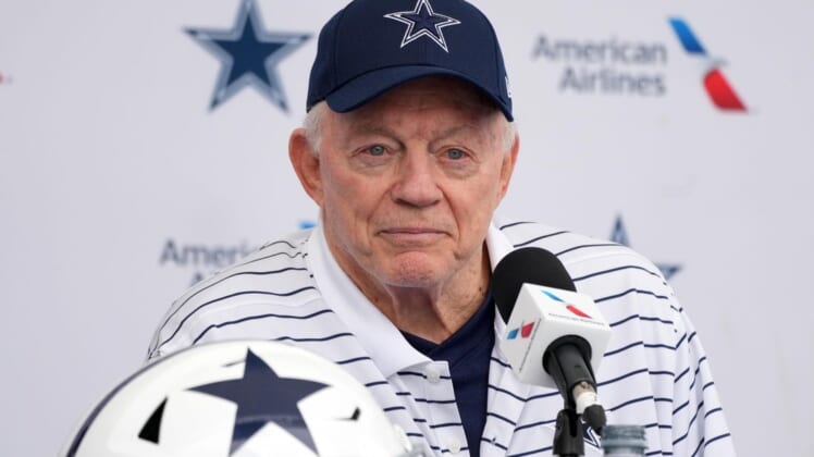 Jul 26, 2022; Oxnard, CA, USA; Dallas Cowboys owner Jerry Jones at training camp press conference at the River Ridge Fields.  Mandatory Credit: Kirby Lee-USA TODAY Sports