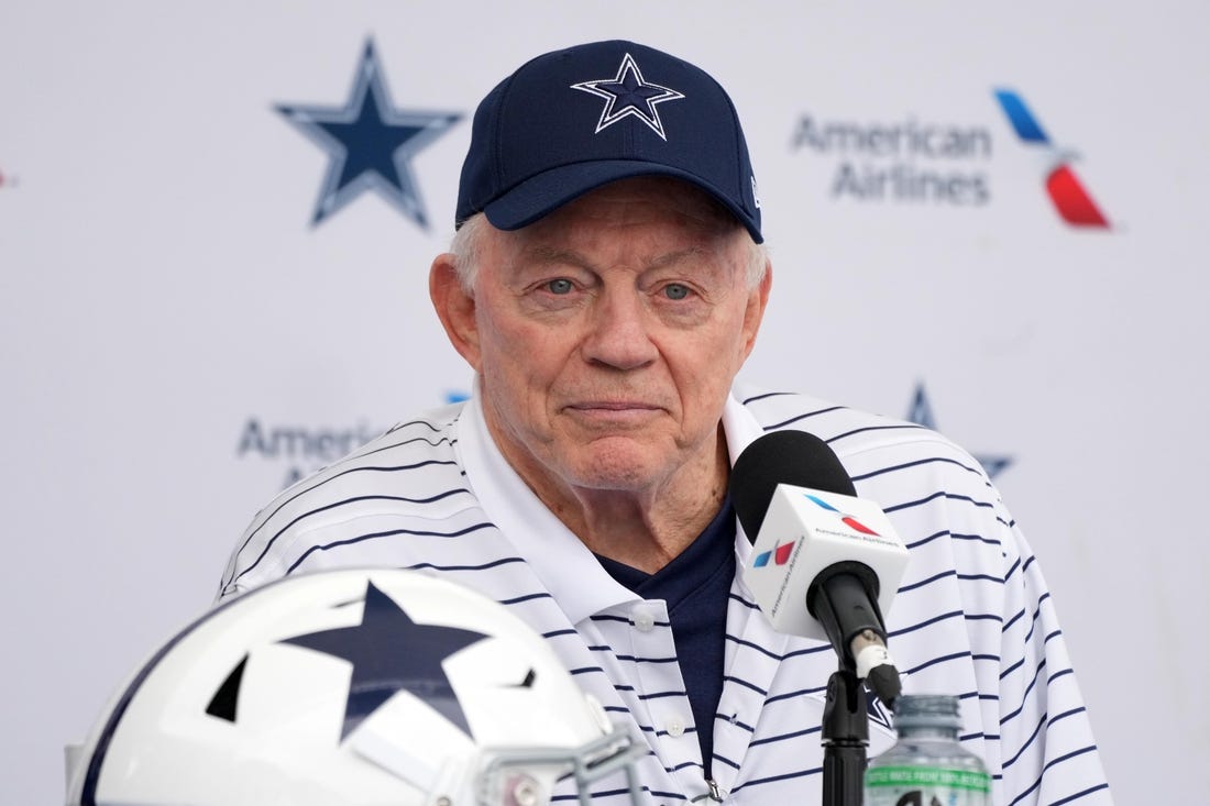 Jul 26, 2022; Oxnard, CA, USA; Dallas Cowboys owner Jerry Jones at training camp press conference at the River Ridge Fields.  Mandatory Credit: Kirby Lee-USA TODAY Sports