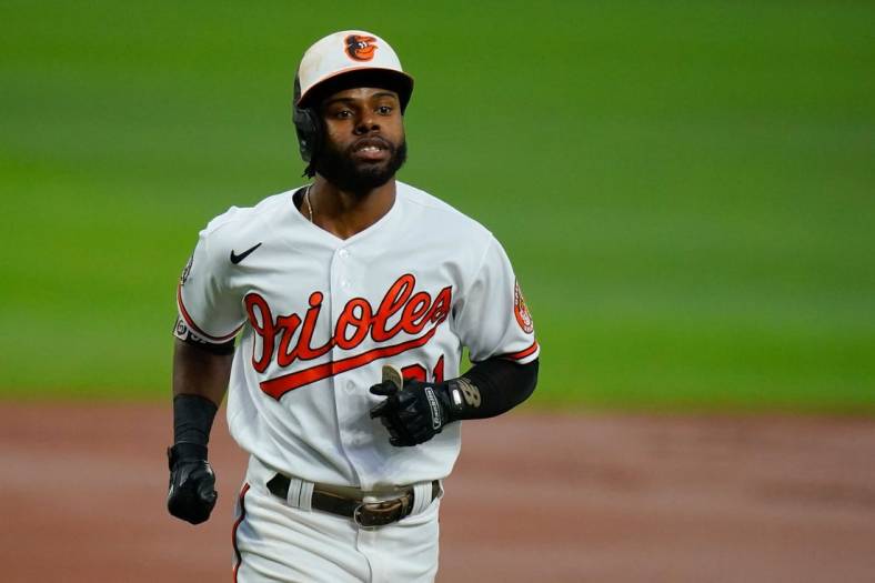 Jul 26, 2022; Baltimore, Maryland, USA;  Baltimore Orioles center fielder Cedric Mullins (31) runs the bases after hitting a solo home run in the first inning against the Tampa Bay Rays at Oriole Park at Camden Yards. Mandatory Credit: Tommy Gilligan-USA TODAY Sports