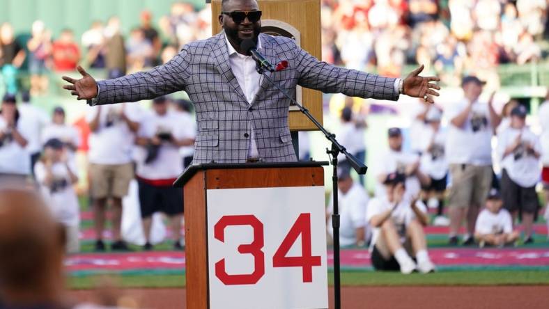 Jul 26, 2022; Boston, Massachusetts, USA; Former Boston Red Sox player David Ortiz    Big Papi on the field for his induction into the Red Sox Hall Of Fame during a ceremony at Fenway Park before the start of the game against the Cleveland Guardians. Mandatory Credit: David Butler II-USA TODAY Sports