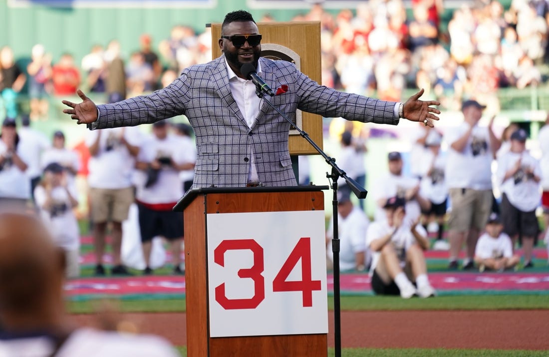 Jul 26, 2022; Boston, Massachusetts, USA; Former Boston Red Sox player David Ortiz    Big Papi on the field for his induction into the Red Sox Hall Of Fame during a ceremony at Fenway Park before the start of the game against the Cleveland Guardians. Mandatory Credit: David Butler II-USA TODAY Sports
