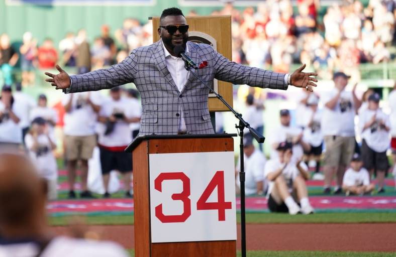 Jul 26, 2022; Boston, Massachusetts, USA; Former Boston Red Sox player David Ortiz    Big Papi on the field for his induction into the Red Sox Hall Of Fame during a ceremony at Fenway Park before the start of the game against the Cleveland Guardians. Mandatory Credit: David Butler II-USA TODAY Sports