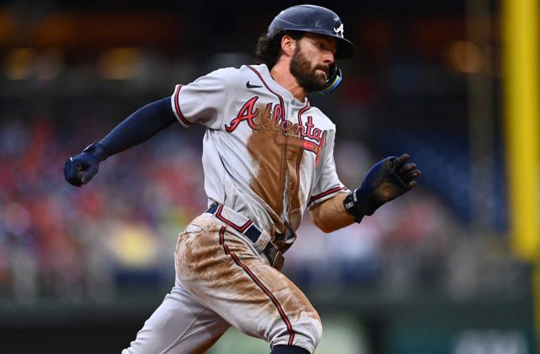 Jul 26, 2022; Philadelphia, Pennsylvania, USA; Atlanta Braves shortstop Dansby Swanson (7) rounds third on his way to score against the Philadelphia Phillies in the first inning at Citizens Bank Park. Mandatory Credit: Kyle Ross-USA TODAY Sports
