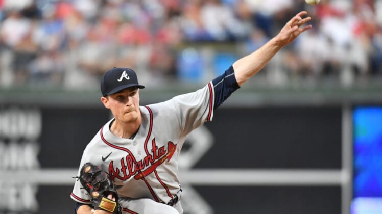 Jul 25, 2022; Philadelphia, Pennsylvania, USA; Atlanta Braves starting pitcher Max Fried (54) throws a pitch against the Philadelphia Phillies at Citizens Bank Park. Mandatory Credit: Eric Hartline-USA TODAY Sports
