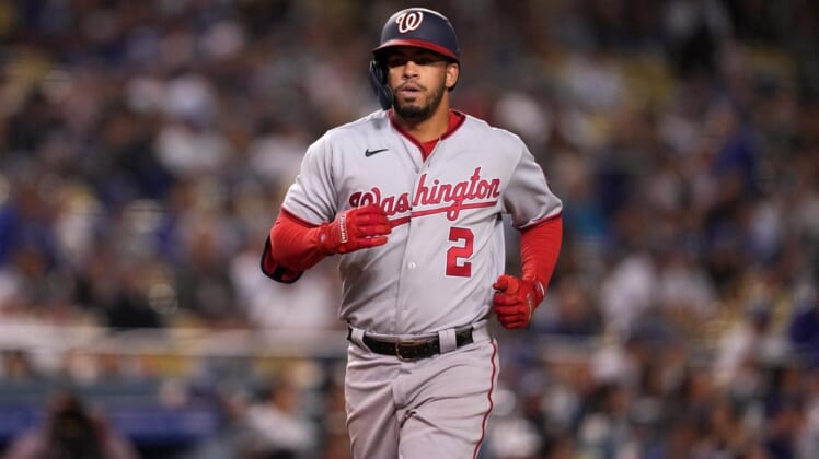 Jul 26, 2022; Los Angeles, California, USA; Washington Nationals shortstop Luis Garcia (2) rounds the bases after hitting a two-run home run in the ninth inning against the Los Angeles Dodgers at Dodger Stadium. Mandatory Credit: Kirby Lee-USA TODAY Sports