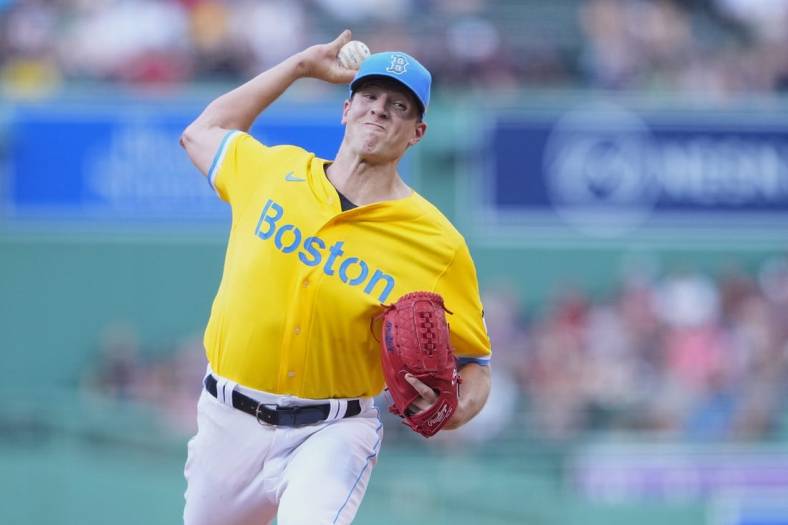 Jul 25, 2022; Boston, Massachusetts, USA; Boston Red Sox pitcher Nick Pivetta (37) delivers a pitch against the Cleveland Guardians during the first inning at Fenway Park. Mandatory Credit: Gregory Fisher-USA TODAY Sports