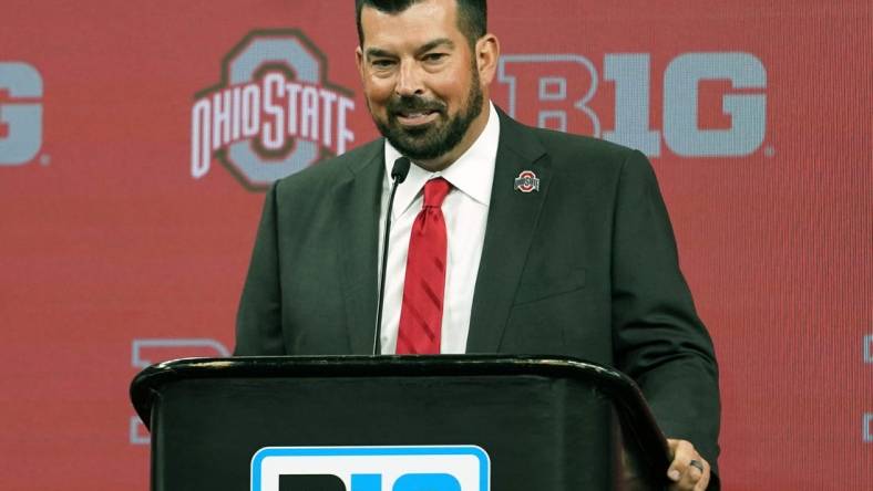 Jul 27, 2022; Indianapolis, IN, USA; Ohio State Buckeyes head coach Ryan Day talks to the media during Big 10 football media days at Lucas Oil Stadium. Mandatory Credit: Robert Goddin-USA TODAY Sports