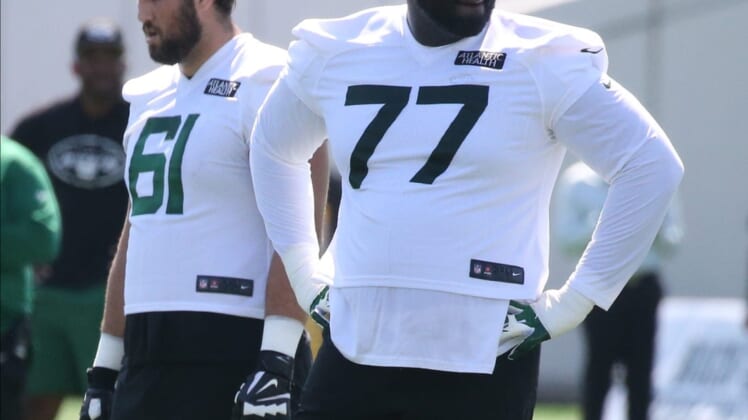 Offensive tackle Mekhi Becton during the opening day of the 2022 New York Jets Training Camp in Florham Park, NJ on July 27, 2022.Opening Of The 2022 New York Jets Training Camp In Florham Park Nj On July 27 2022