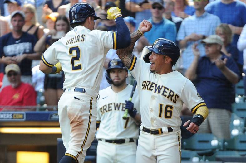 Jul 27, 2022; Milwaukee, Wisconsin, USA; Milwaukee Brewers shortstop Luis Urias (2), left celebrates his home run with Milwaukee Brewers second baseman Kolten Wong (16) in the fifth inning against the Minnesota Twins at American Family Field. Mandatory Credit: Michael McLoone-USA TODAY Sports