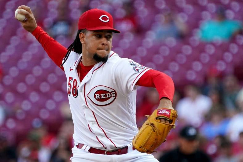 Cincinnati Reds starting pitcher Luis Castillo (58) delivers during the second inning of a baseball game against the Miami Marlins, Wednesday, July 27, 2022, at Great American Ball Park in Cincinnati.

Miami Marlins At Cincinnati Reds July 27 0008