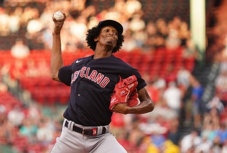 Jul 28, 2022; Boston, Massachusetts, USA; Cleveland Guardians starting pitcher Triston McKenzie (24) throws a pitch against the Boston Red Sox in the first inning at Fenway Park. Mandatory Credit: David Butler II-USA TODAY Sports
